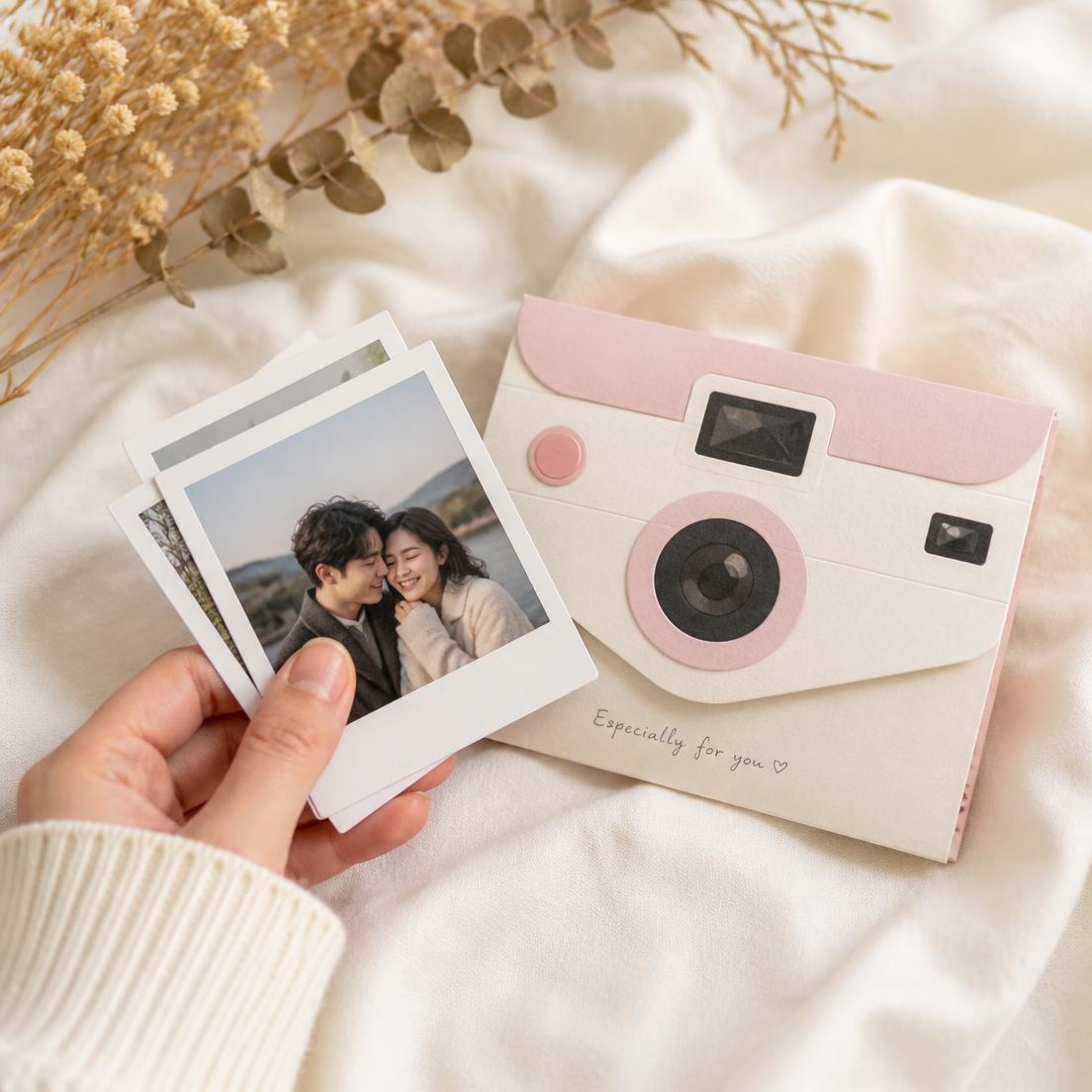 Mão segurando polaroids ao lado do envelope presente em forma de câmera